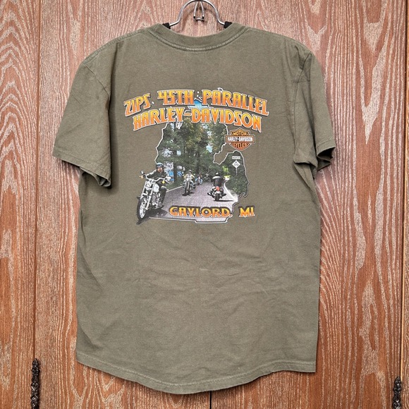 Harley-Davidson Other - Vintage Zip 45th Parallel Harley Davidson Gaylord MI Olive Green Graphic T-Shirt